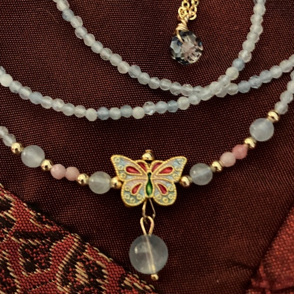 Aquamarine Pink Opal Adjustable Bracelet & Necklace Butterfly Charm - NWOT - Picture 4 of 14